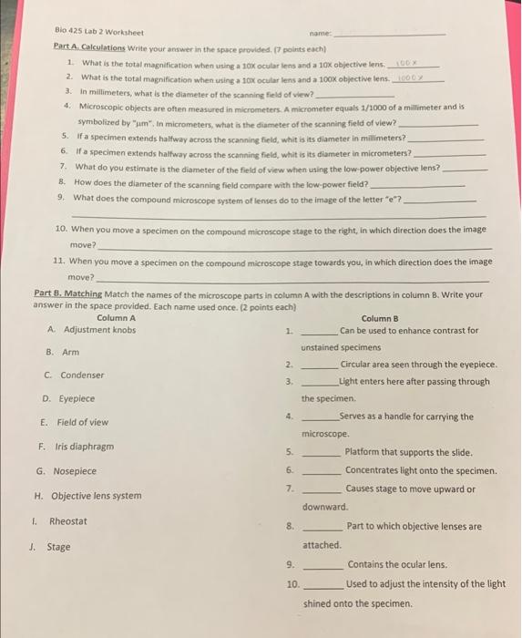 Solved Bio 425 Lab 2 Worksheet Name Rart A Calculations Chegg