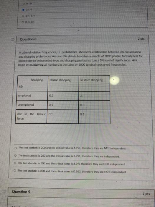 Solved Question Pts A Table Of Relative Frequencies Is Chegg