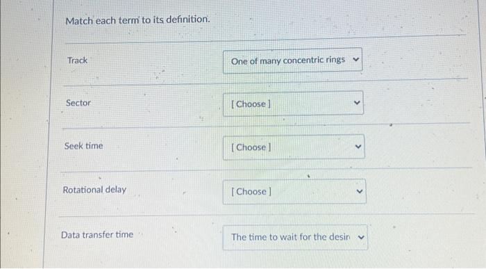 Solved Match Each Term To Its Definition Track Sector Seek Chegg