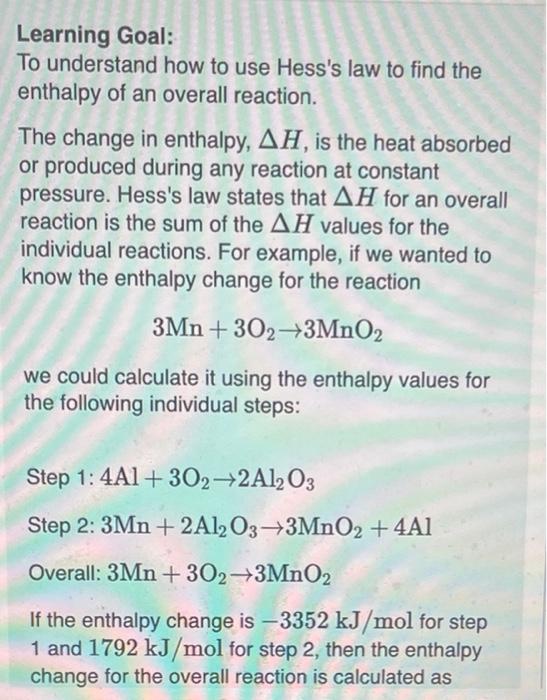 Solved Learning Goal To Understand How To Use Hess S Law To Chegg