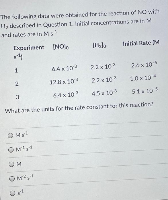 Solved The Following Data Were Obtained For The Reaction Of Chegg