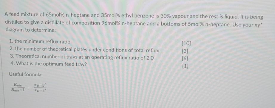 Solved A Feed Mixture Of Mol N Heptane And Mol Ethyl Chegg