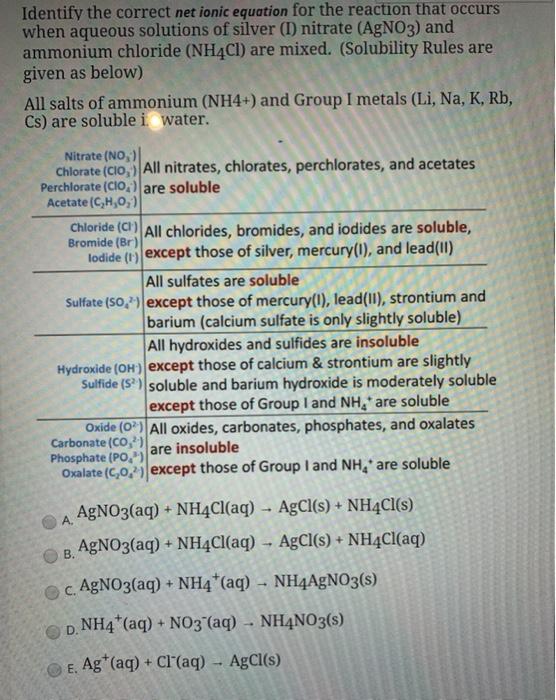 Solved Identify The Correct Net Ionic Equation For The Chegg