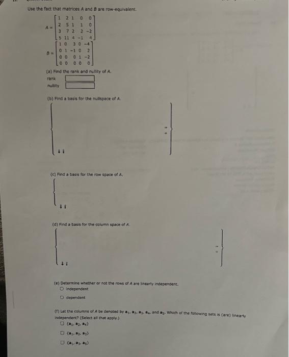 Solved Use The Fact That Motricer A And B Are Row Chegg