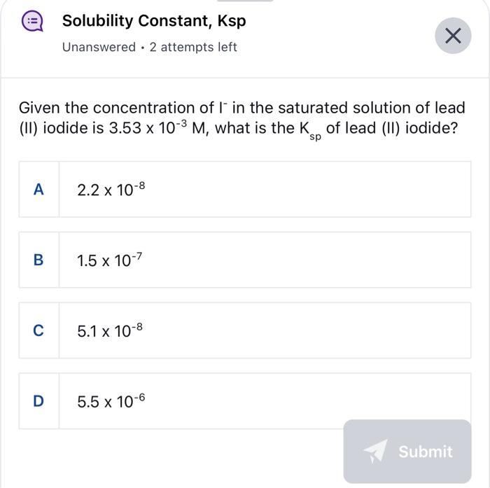 Solved Solubility Constant Ksp Unanswered Cdot Chegg