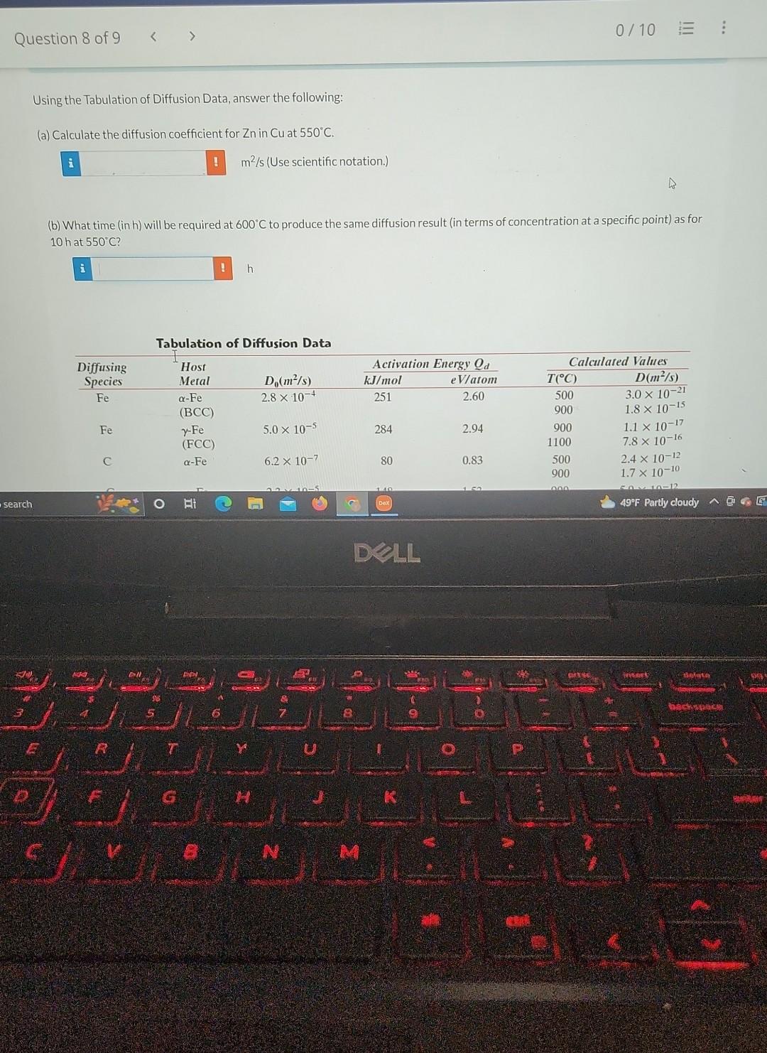 Solved Using The Tabulation Of Diffusion Data Answer The Chegg