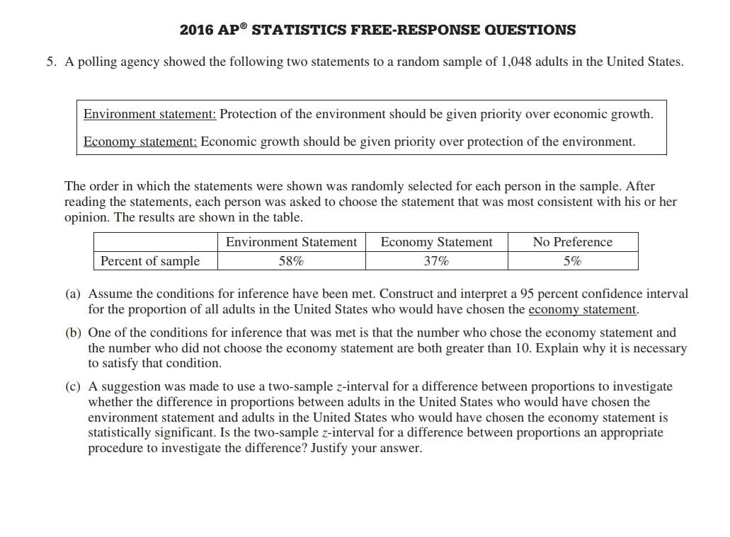 Solved 2016 AP STATISTICS FREE RESPONSE QUESTIONS 5 A Chegg