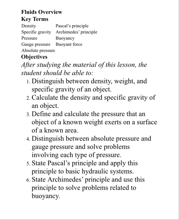 Fluids Overviewkey Termsdensitypascal S Chegg