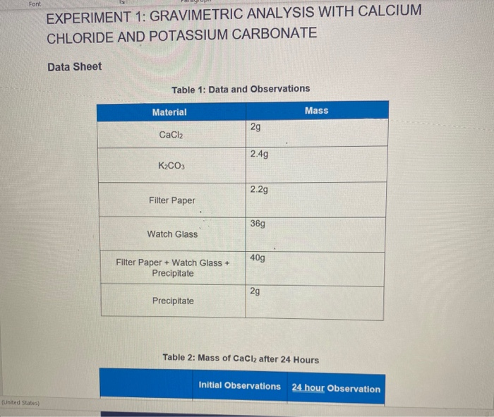 Solved Font EXPERIMENT 1 GRAVIMETRIC ANALYSIS WITH CALCIUM Chegg