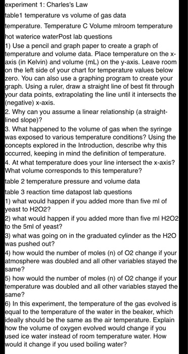 Solved Experiment 1 Charles S Law Table1 Temperature Vs Chegg