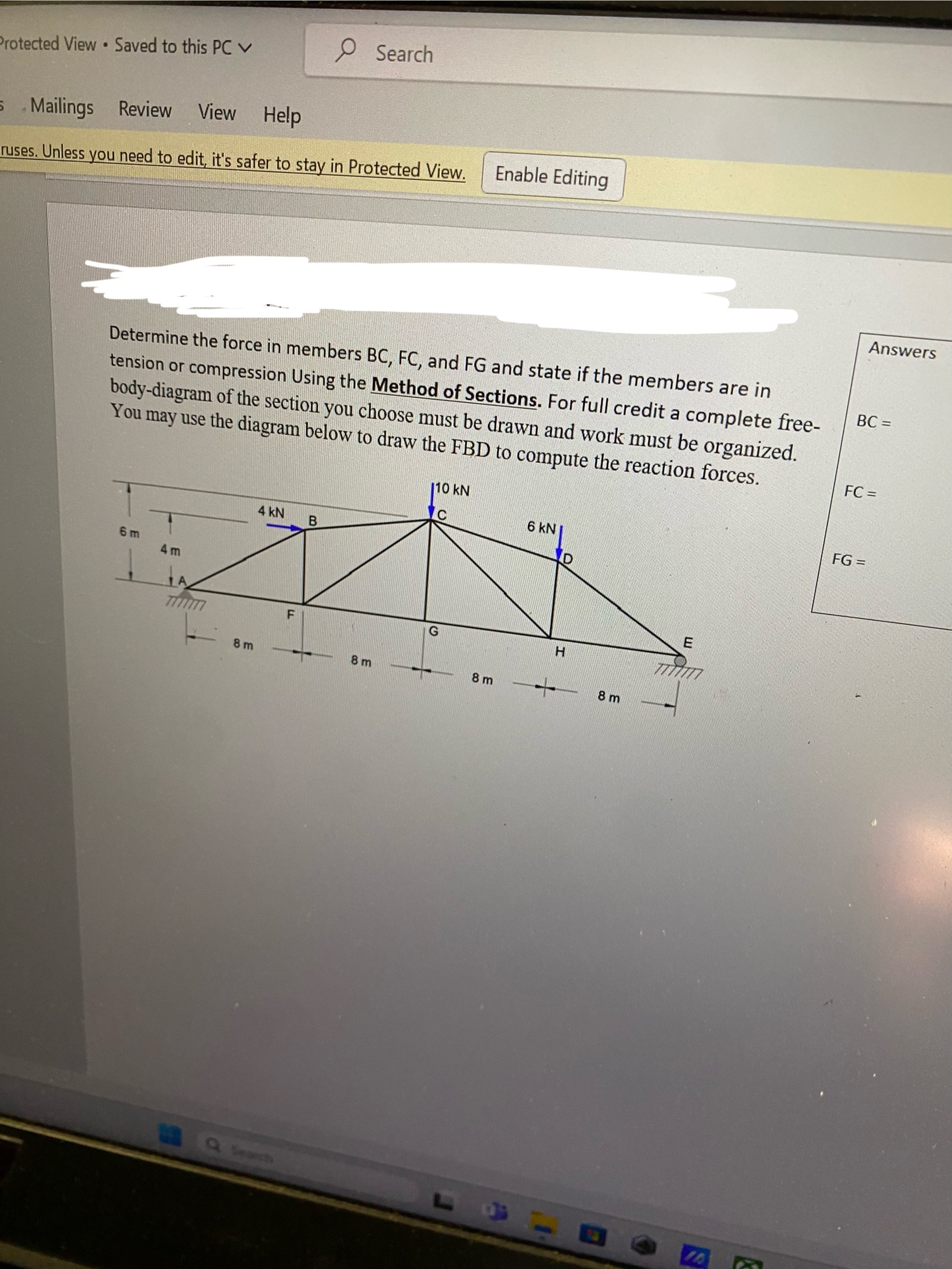 Solved Determine The Force In Members BC FC And FG And Chegg