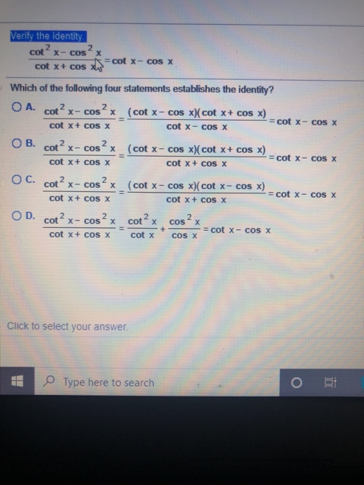 Solved Verify The Identity 2 X Cot X Cos X Cot X COS Cot X Chegg