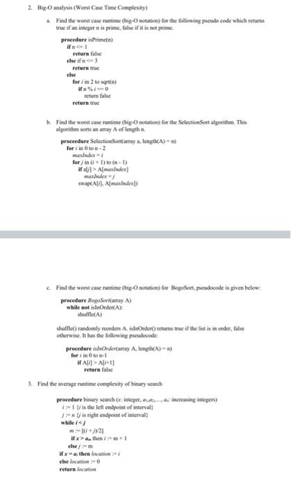 Solved Big O Analysis Worst Case Time Complexity A Chegg