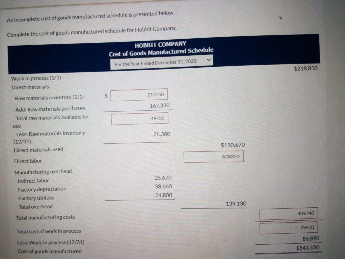 Solved An Incomplete Cost Of Goods Manufactured Schedule Is Chegg