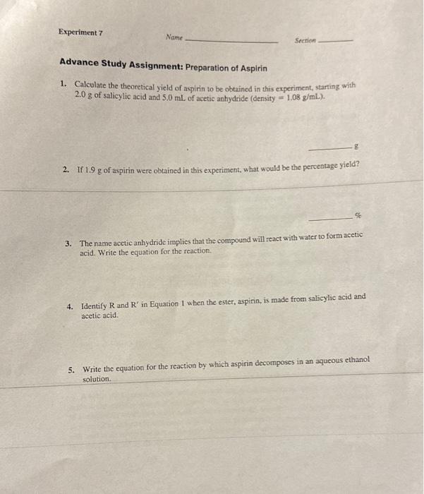 Solved Advance Study Assignment Preparation Of Aspirin Chegg