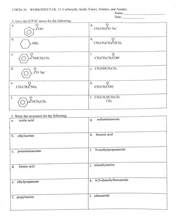 Solved Chem Worksheet Ch Carboxylic Acids Esters Chegg