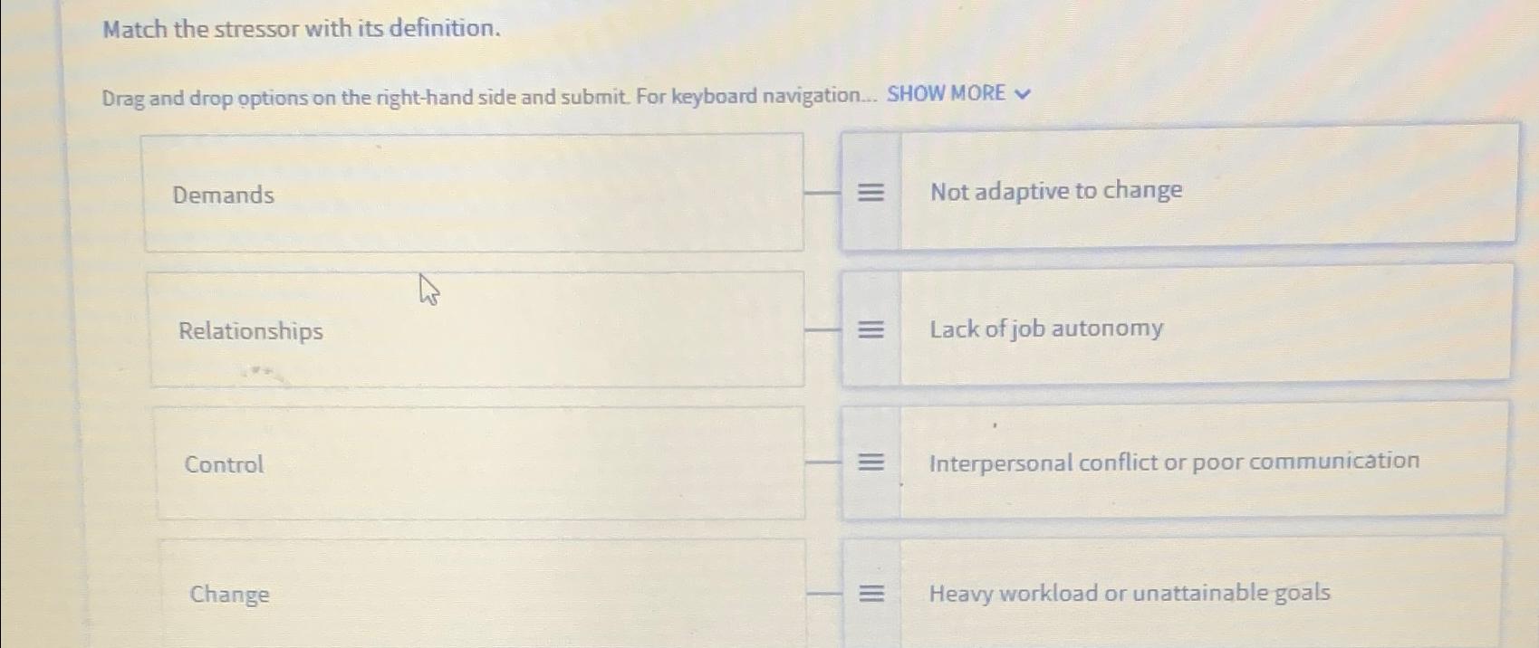 Solved Match The Stressor With Its Definition Drag And Drop Chegg