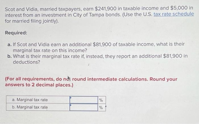 Solved Scot And Vidia Married Taxpayers Earn 241 900 In Chegg