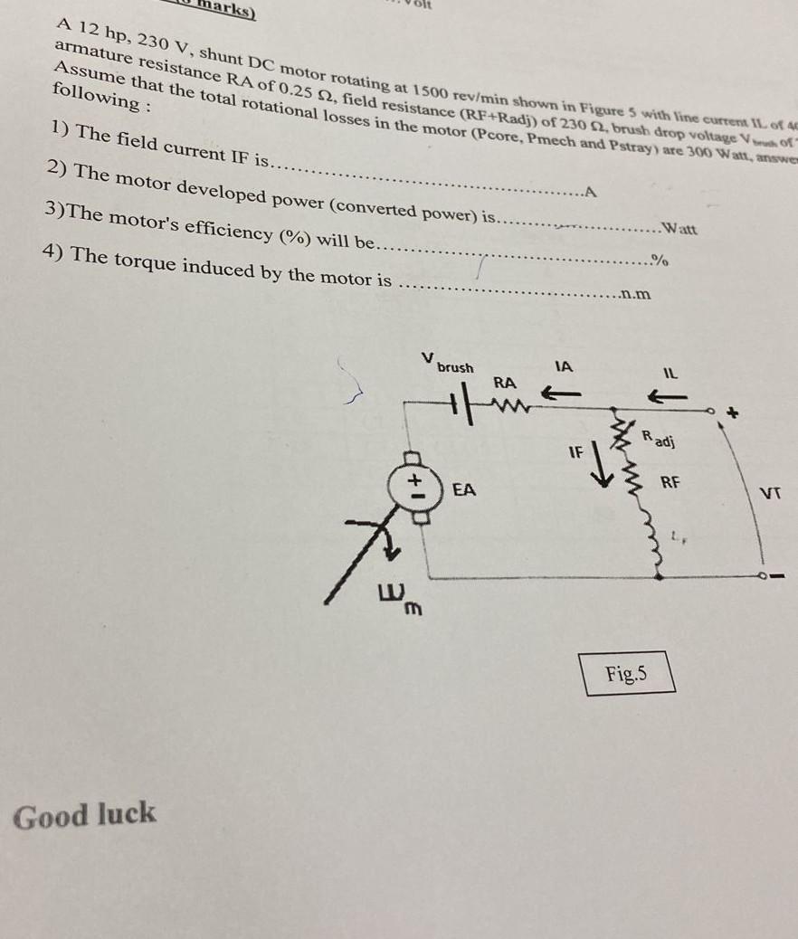 Solved A 12hp 230 V Shunt DC Motor Rotating At 1500rev Min Chegg