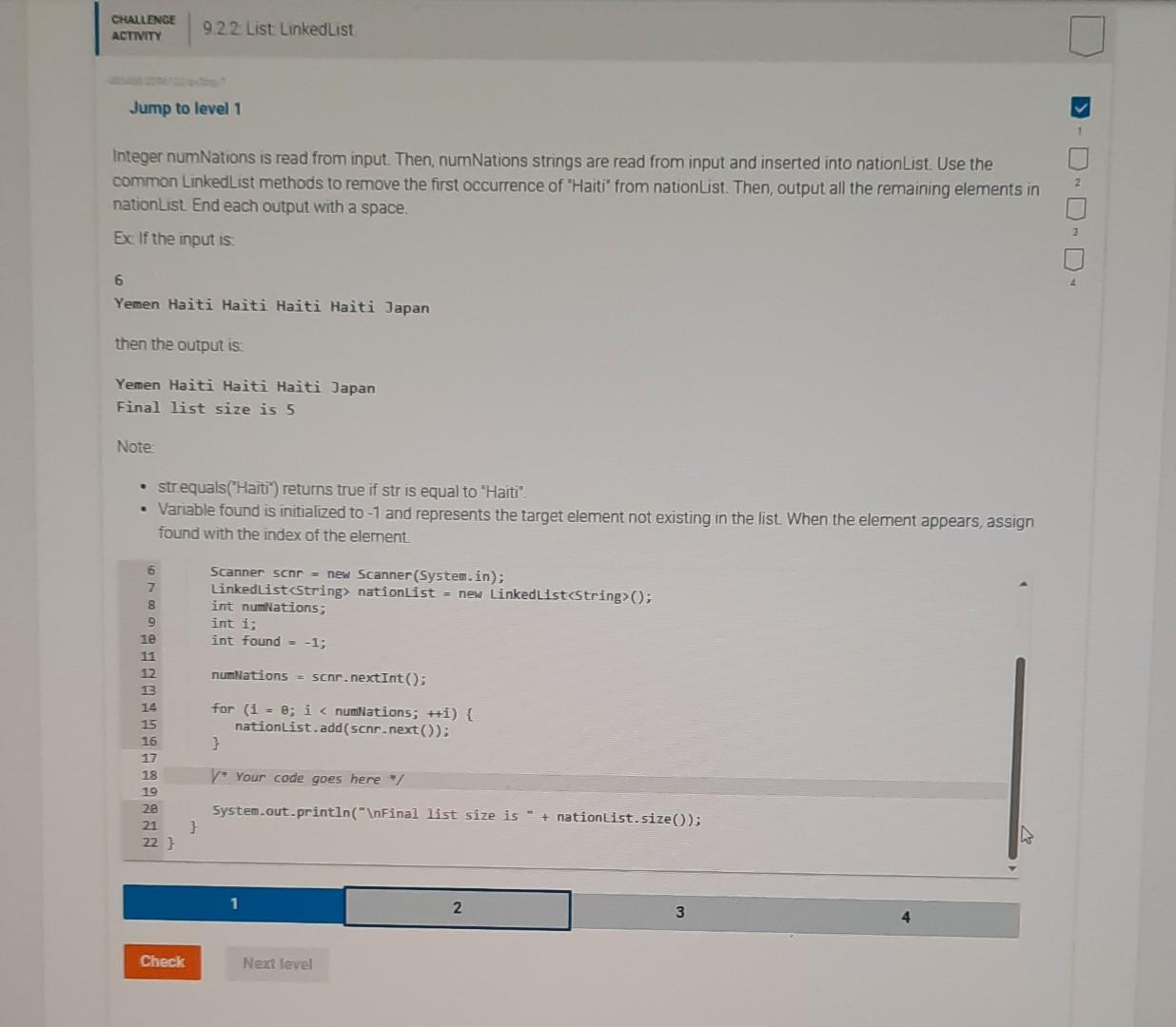 Solved CHALLENGE 922 List LinkedList ACTIVITY Jump To Level Chegg