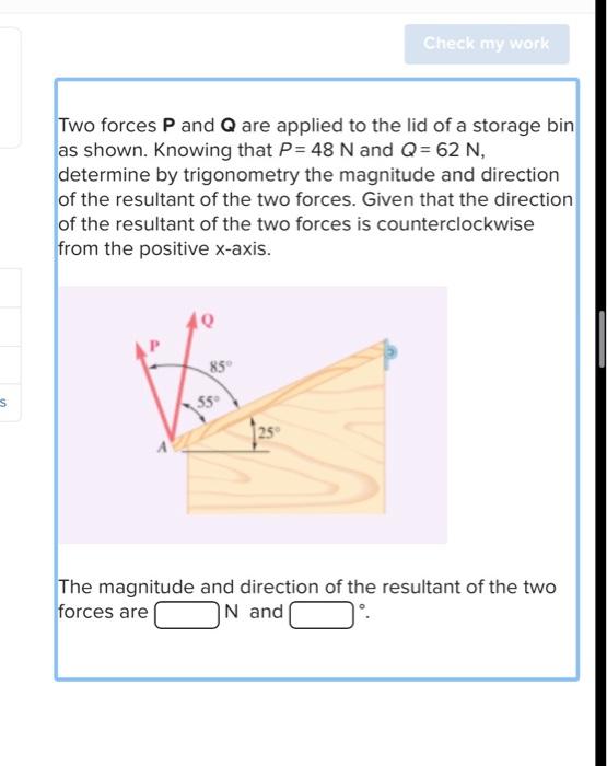 Solved Two Forces P And Q Are Applied To The Lid Of A Chegg