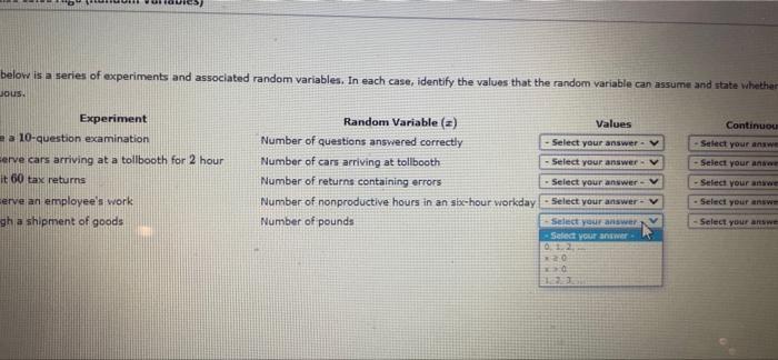 Solved Listed Below Are Of Experiments And Associated Random Chegg