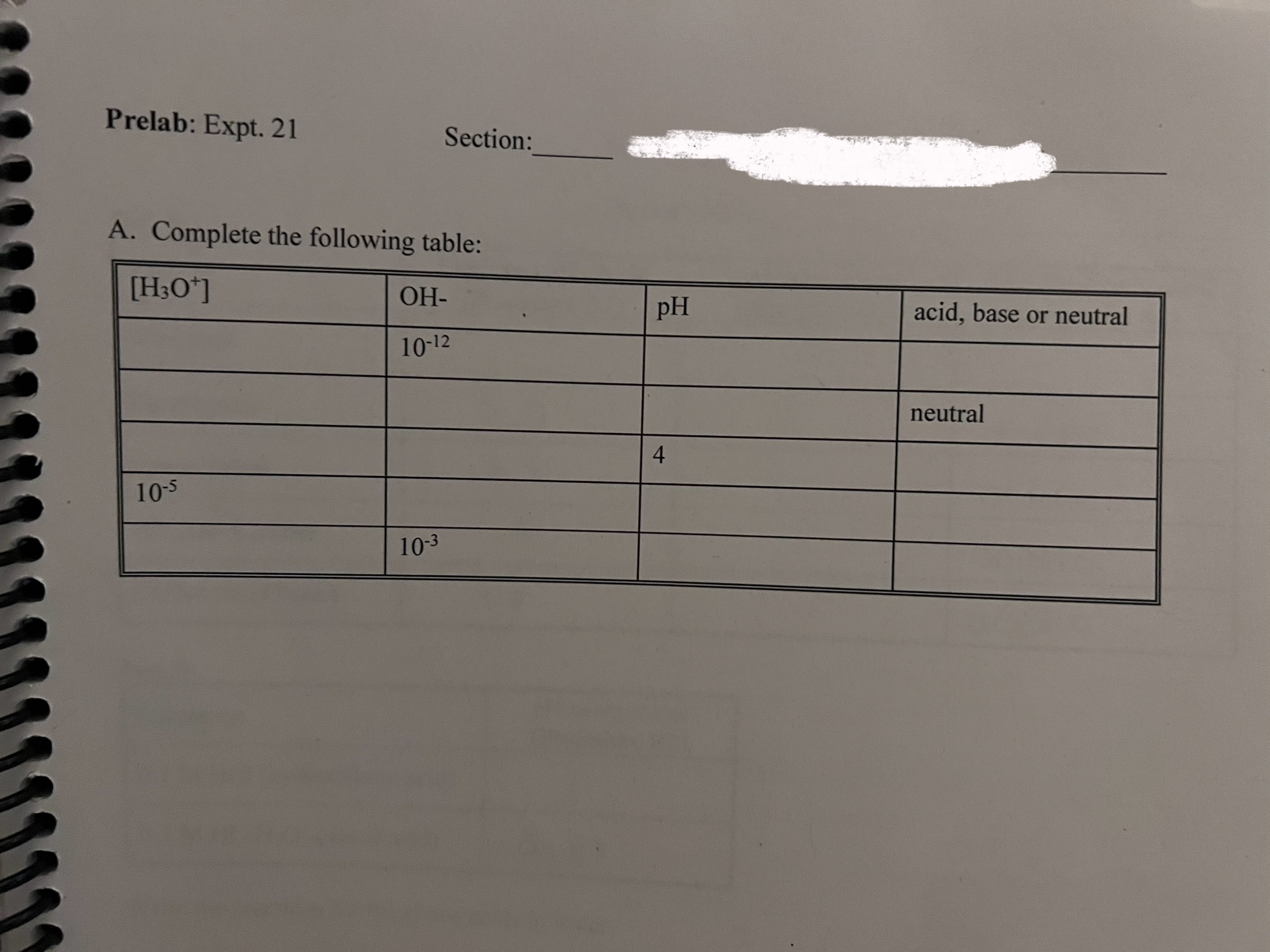 Solved Prelab Expt 21SectionA Complete The Following Chegg