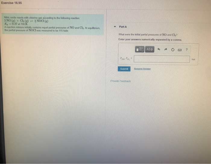 Solved Exercise 16 95 Nitric Oxide Reacts With Chlorine Gas Chegg