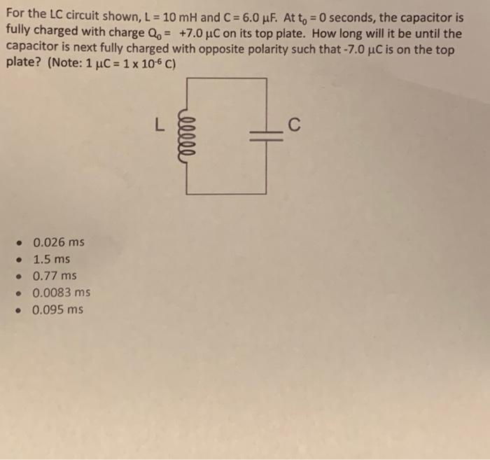 Solved For The LC Circuit Shown L 10 MH And C 6 0 UF Chegg