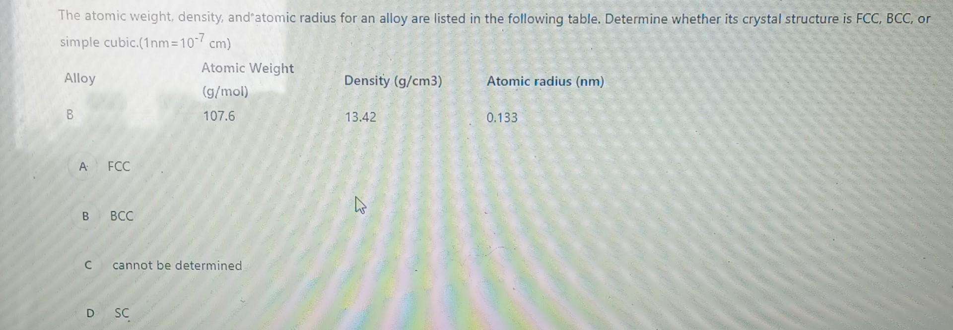 Solved The Atomic Weight Density And Atomic Radius For An Chegg