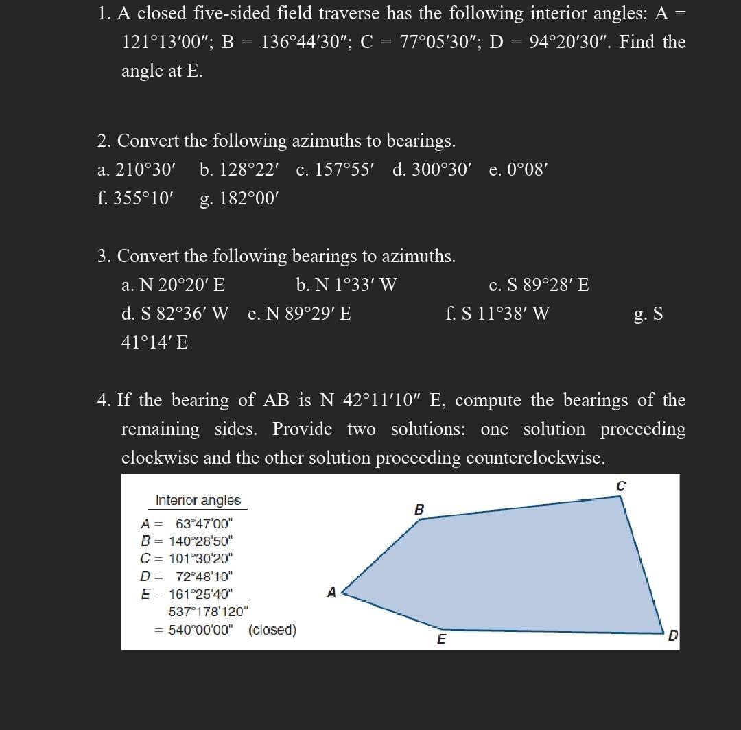 Solved A Closed Five Sided Field Traverse Has The Chegg