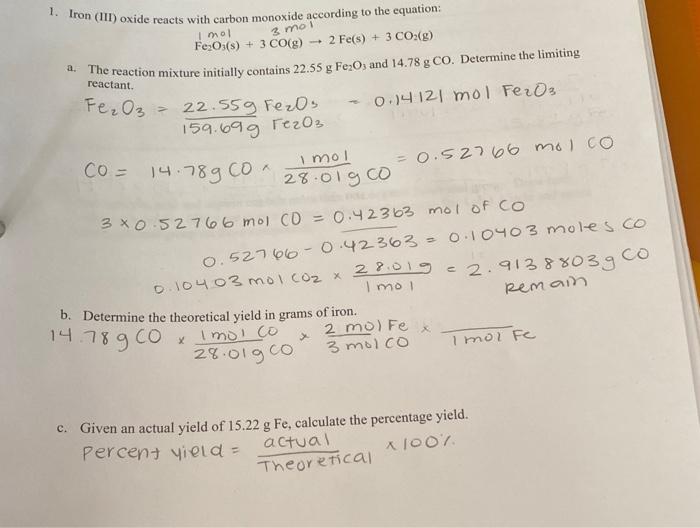 Solved Iron Iii Oxide Reacts With Carbon Monoxide Chegg