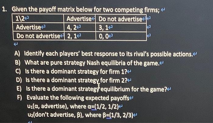 Solved Given The Payoff Matrix Below For Two Competing Chegg