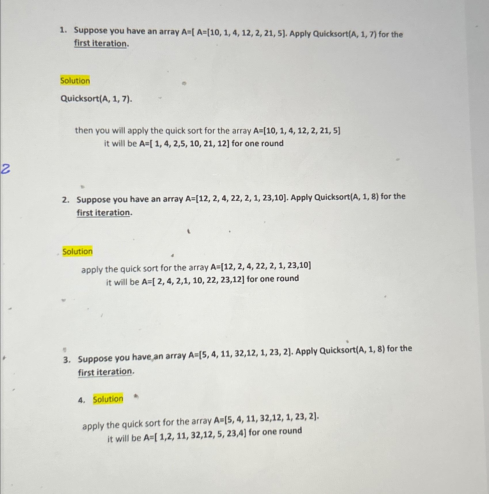 Solved Suppose You Have An Array Apply Quicksort A Chegg