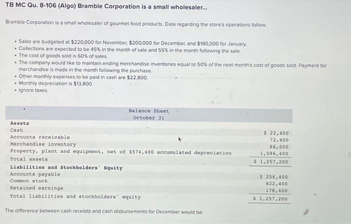 Solved Tb Mc Qu Algo Bramble Corporation Is A Small Chegg