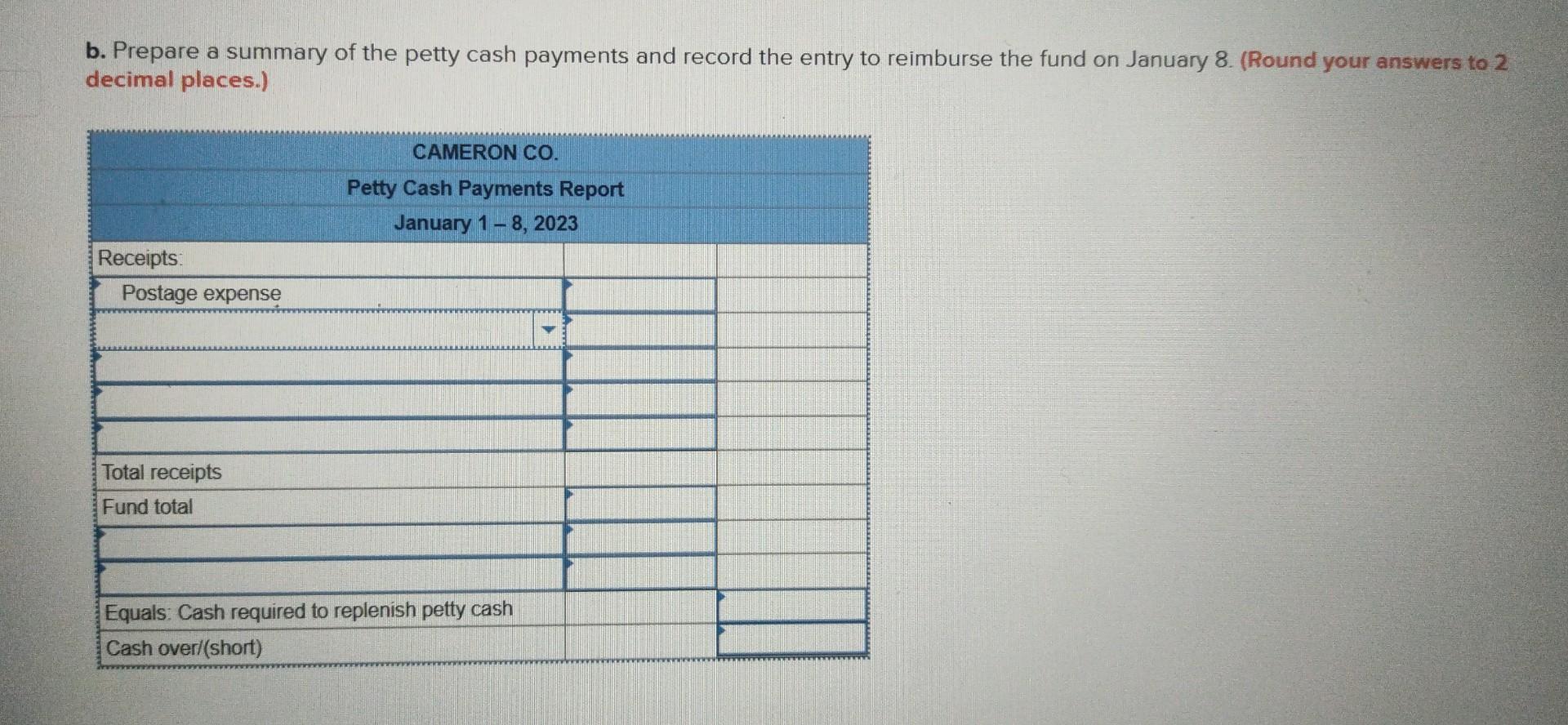 Solved Cameron Co Established A Petty Cash Fund On Chegg