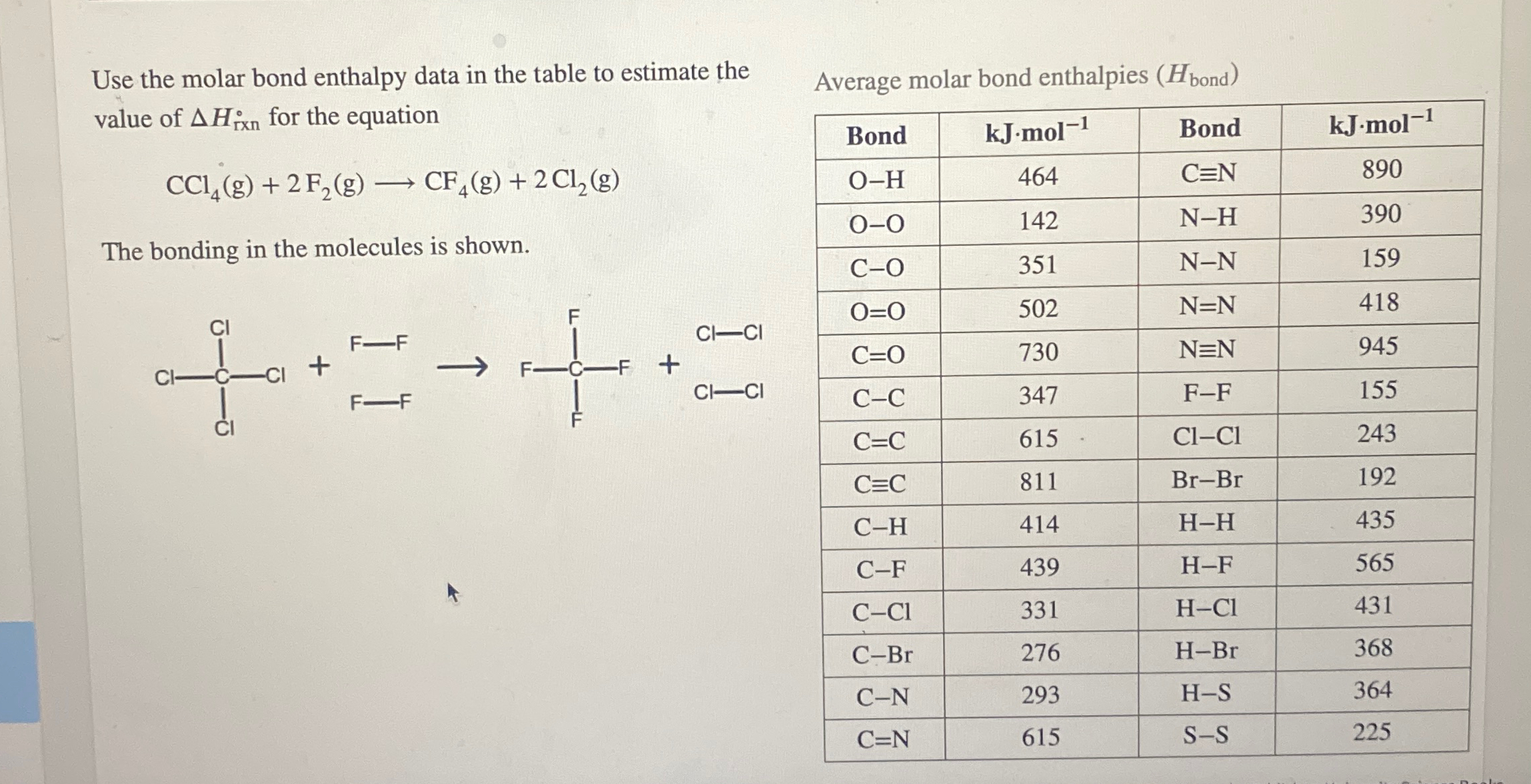 Solved Use The Molar Bond Enthalpy Data In The Table To Chegg