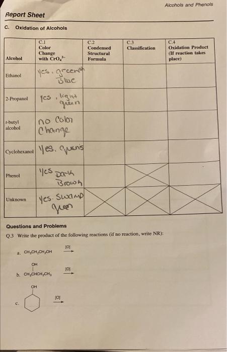 Solved Alcohols And Phenols Report Sheet C Oxidation Of Chegg