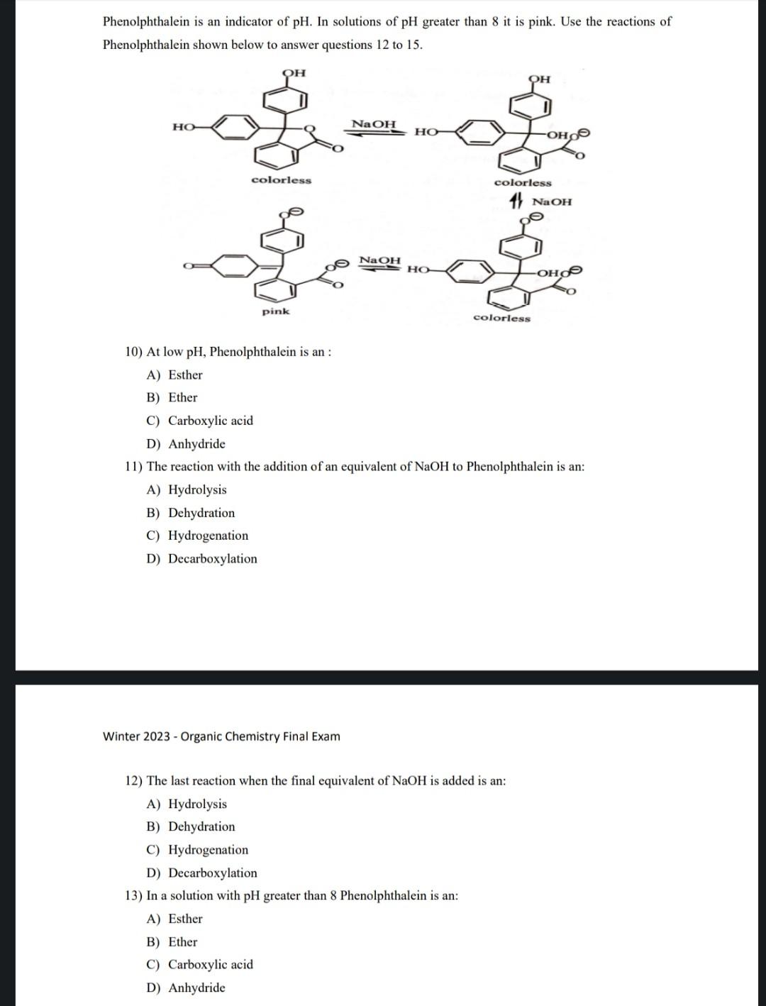 Solved Phenolphthalein Is An Indicator Of Ph In Solutions Chegg