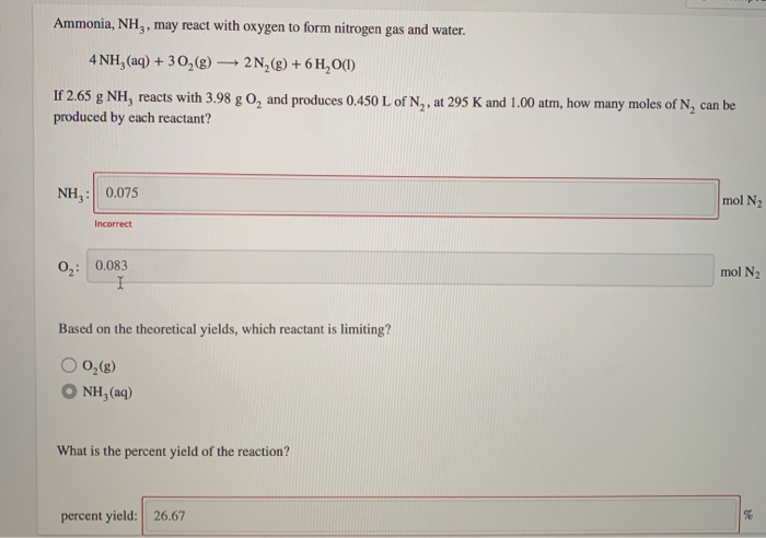 Solved Ammonia Nh May React With Oxygen To Form Nitrogen Chegg