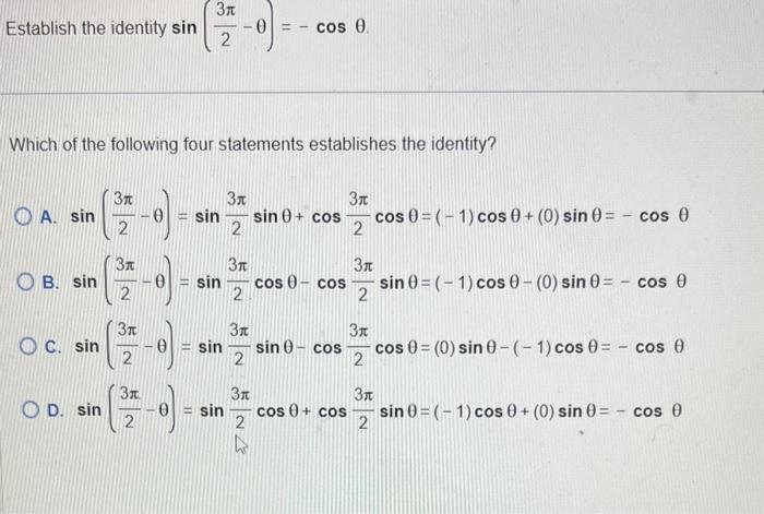 Solved Establish the identity sin 23πθ cosθ Which of the Chegg