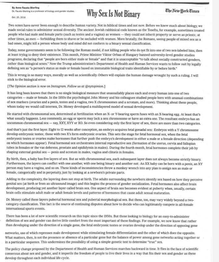Solved In Why Sex Is Not Binary Apart From Using Genitals Chegg