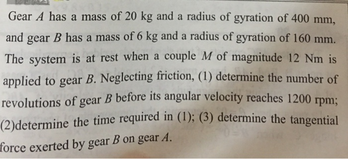 Solved Gear A Has A Mass Of 20 Kg And A Radius Of Gyration Chegg