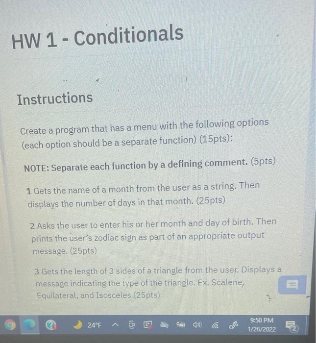 Solved HW 1 Conditionals Instructions Create A Program Chegg