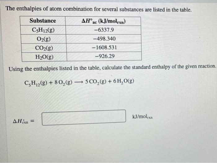 Solved The Enthalpies Of Atom Combination For Several Chegg