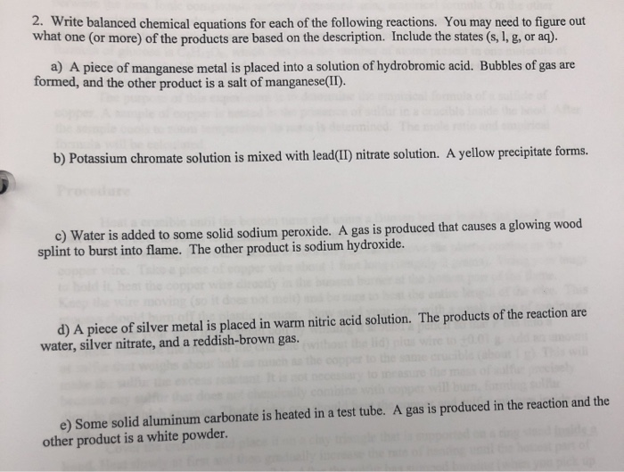 Write A Balanced Chemical Equation For Each Of The Following Reactions