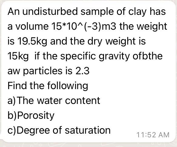 Solved An Undisturbed Sample Of Clay Has A Volume Chegg