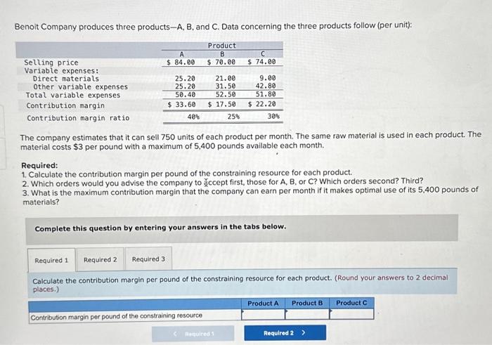 Solved Benoit Company Produces Three Products A B And C Chegg