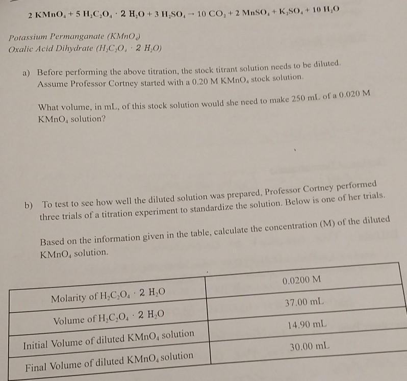 Solved 2 KMnO 5 H₂C₂O 2 H₂O 3 H₂SO 10 CO₂ 2 MnSO Chegg