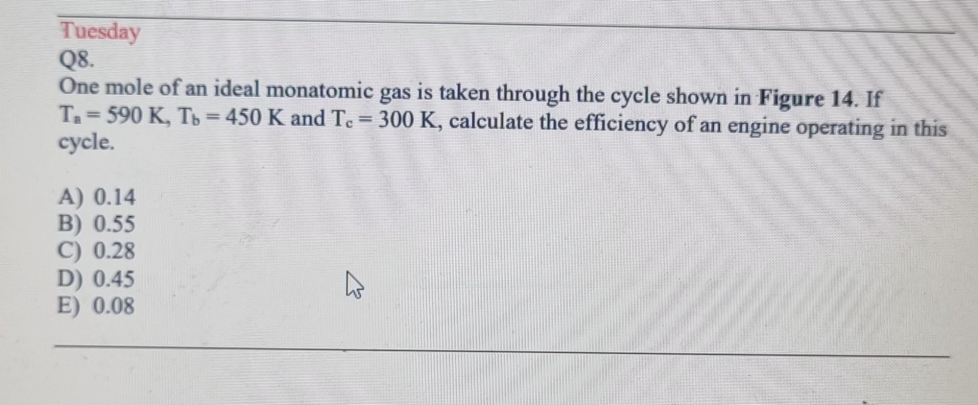 Solved Q8 One Mole Of An Ideal Monatomic Gas Is Taken Chegg